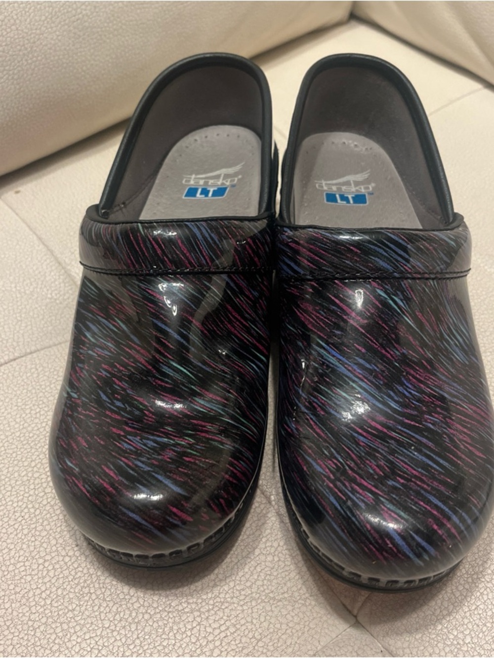 Dansko Black Patent Clogs with Multicolor Brushstroke size 38